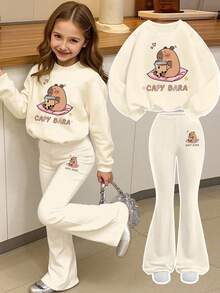 Young Girls Casual Loose Cartoon Print Sweatshirt Set, Suitable For Autumn/Winter Girls Sports Sweatshirt Set, Winter Young Girls Set - Apricot - View 6