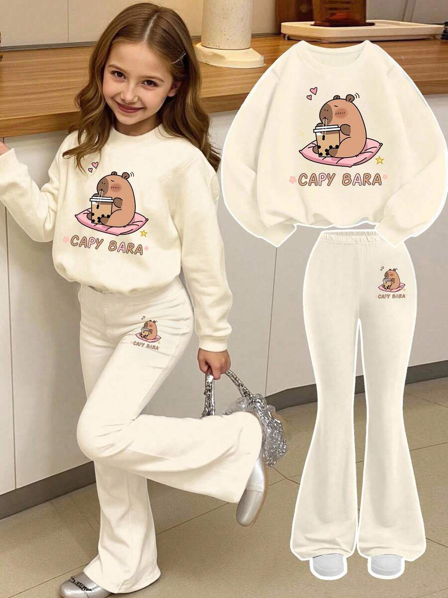 Young Girls Casual Loose Cartoon Print Sweatshirt Set, Suitable For Autumn/Winter Girls Sports Sweatshirt Set, Winter Young Girls Set - Apricot - View 1