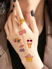 30 Sheets Cartoon Temporary Tattoos For Children, French Fries, Desserts, Donuts, Fruits, Strawberries Cute Pattern Tattoo Stickers For Hand, Face And Body Decor, Suitable For Birthday Party Gifts Holiday Body Art, Fake Tattoo Waterproof - Multicolor - View 4