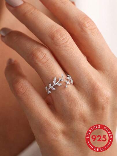1 pieza Anillo abierto de plata de ley S925 estilo Mori con hoja fresca para mujer, minimalista, lujoso, delicado, ajustable, banda fina, diseño de nicho, versátil, artístico y elegante, para uso diario, viajes, citas, anillo para dedo índice de dama