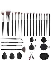 37pcs Multi-Function Makeup Tool Set, 20 Makeup Brushes & 15 Powder Puffs & Eyelash Curler & Brush Cleaner, Dense Soft Bristles With Even Powder Pickup And No Flying Powder, Suitable For Student Dorm Daily Makeup, Business Travel And Portable Makeup - Multicolor - View 13