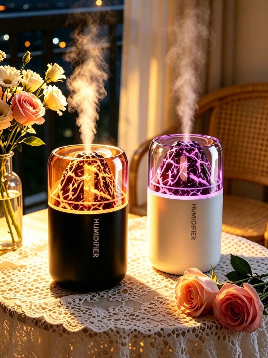 1pc Volcano Aromatherapy Humidifier, Ultrasonic Mist Humidifier With Cracked Volcano LED Atmosphere Night Light, USB Quiet Desktop Air Humidifier, Suitable For Bedroom, Office, Home Decor