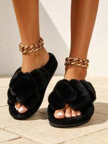 Fuzzy Black Solid Color Cross Strap Thick Sole Women's Indoor Comfortable Open Toe Warm Slippers, Gift For Girls, All Season - Black Cross - View 2
