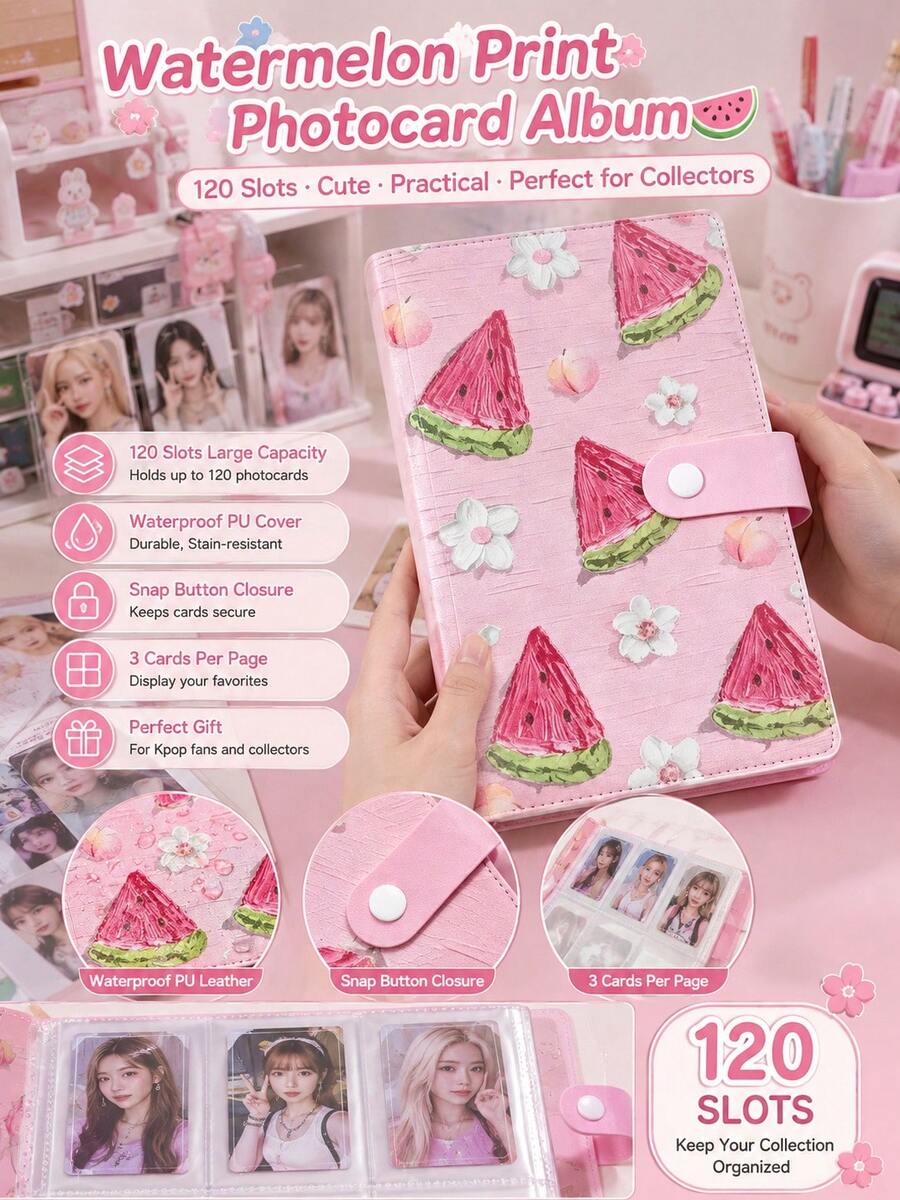1 buah Album Foto Kartu Kecil Tahan Air PU 120 Slot Motif Semangka Penutup Jepret Album Penyimpanan Kartu Kpop Album Koleksi Kartu Idola Dekorasi Rumah Natal Halloween Kamar Tidur Musim Gugur - A - View 1