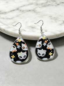 1 Pair Cute Water Drop Shaped Candy Skull Cat Floral 2D Flat Acrylic Pendant Earrings, Women's Halloween Party Decoration, No Packaging Box - Earring - View 5