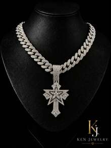 Men's Hip Hop Full Rhinestone Pentagram Cross Pendant Necklace, Silver-Tone Iced Out Cuban Chain, Rap Street Style Accessory - Star Cross Necklace - View 1