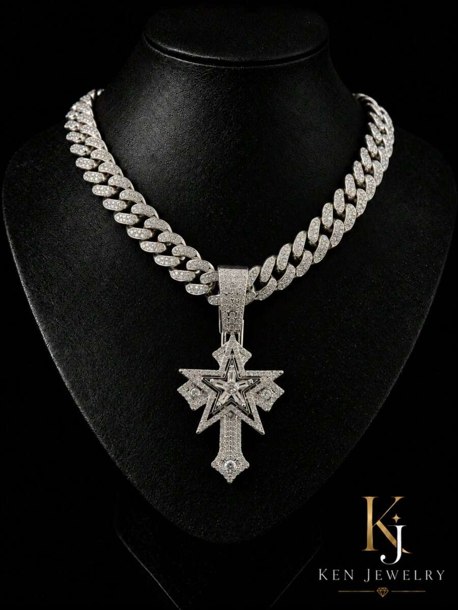 Men's Hip Hop Full Rhinestone Pentagram Cross Pendant Necklace, Silver-Tone Iced Out Cuban Chain, Rap Street Style Accessory - Star Cross Necklace - View 1