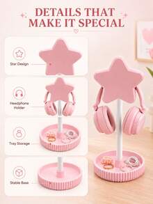 1pc Pink Star Headphone Stand, Cute Desktop Headphone Storage Rack With Storage Base, Suitable For Bedroom, Dorm, Office And Desktop Decoration - Multi-color (Pink) - View 3