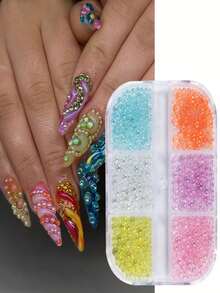 6 Grids Mixed Colorful Aurora Mermaid Beads Nail Charms Pink Blue Mini Round Pearl Bubble Beads Rhinestones DIY Winter Christmas Nails Decoration - Multicolor - View 3