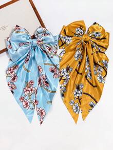 2pcs Blue & Yellow Floral Print Bow Ribbon Spring Clip Extra Large Women's Decorative Hair Clips Hair Accessories - Multicolor - View 7