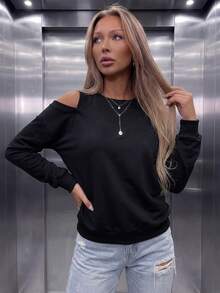 Women's Casual Fleece Lined Cold Shoulder Long Sleeve Sweatshirts For Daily Fall/Winter,Fall Winter Clothes Outfit,Fall Winter Outfit,Going Out.Black - Black - View 3