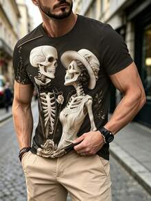 Fashionable Men's Crew Neck T-Shirt, Skull Skeleton Graphic, Versatile Short Sleeve Top - Multicolor - View 2