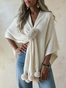 SEREN Women's New Elegant Versatile Shawl, Pom Pom Design Knit Top, Suitable For Daily Wear And Gatherings - Beige - View 1