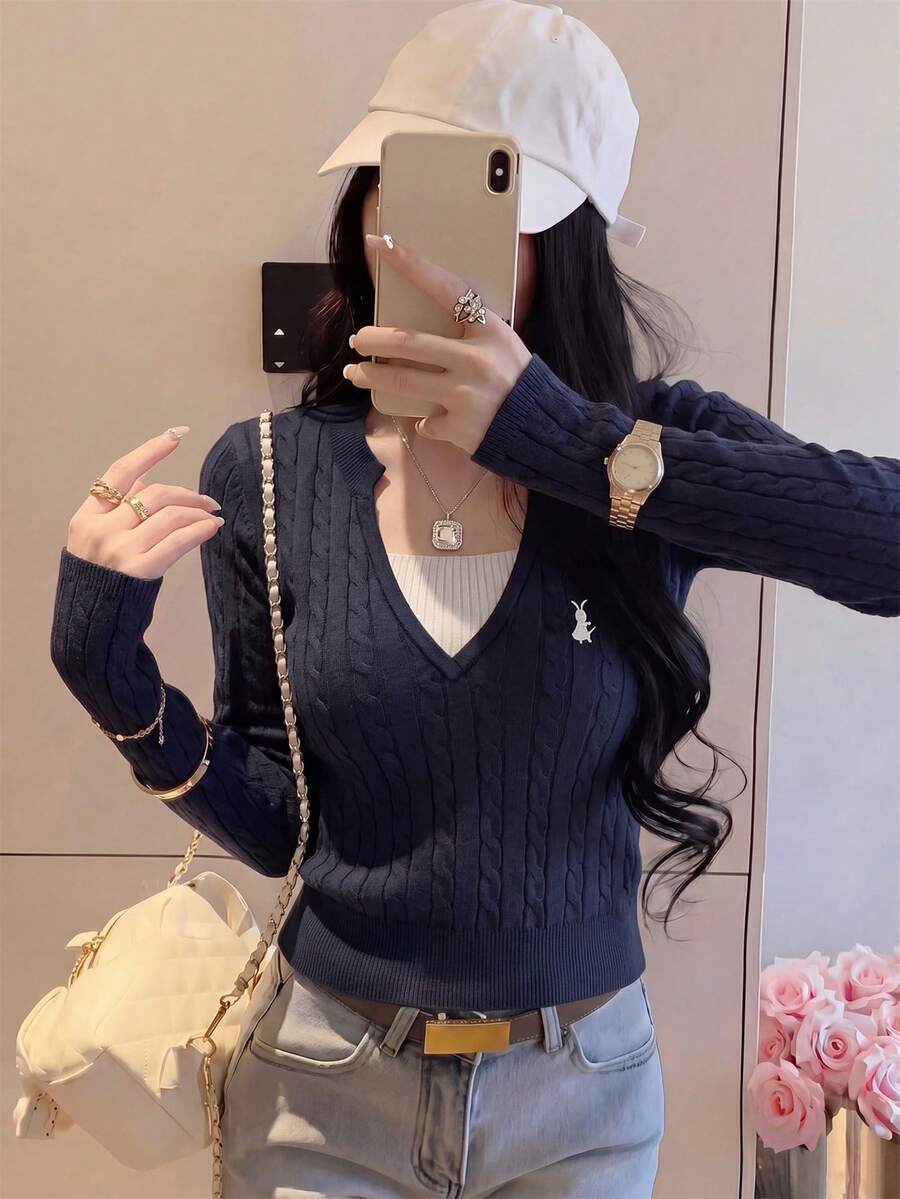 Autumn/Winter New Korean Style Sweet Casual Knit Sweater For Women, Color-Block Cable Knit Texture V-Neck Top, Rabbit Embroidery Slimming Long Sleeve Base Layer, Versatile For Daily Commute - Navy Blue - View 1