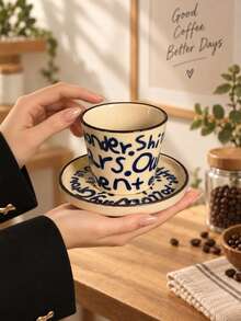 Set Cangkir dan Piring Kecil Kopi Keramik Cetak Huruf Underglaze, Set Mug dan Piring Artistik Warna Krem untuk Espresso Latte Teh Susu, Hadiah Sarapan Teh Sore Rumah Kantor - MultiWarna - View 11
