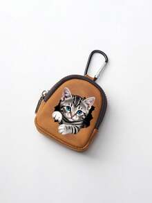 Cute Cat Print Mini PU Leather Earphone Storage Bag, Portable Zipper Coin Purse With Carabiner Clip, Keychain Pouch, Small Accessory Organizer - Multicolor - View 12