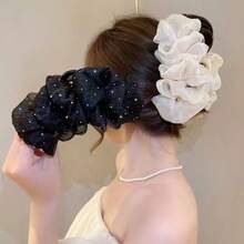 2/1pcs Women Solid Color Shiny Oversized Bubble Bow Hair Clip Elegant Fashion Claw Clip Suitable For Daily Use - Black + Rice - View 1