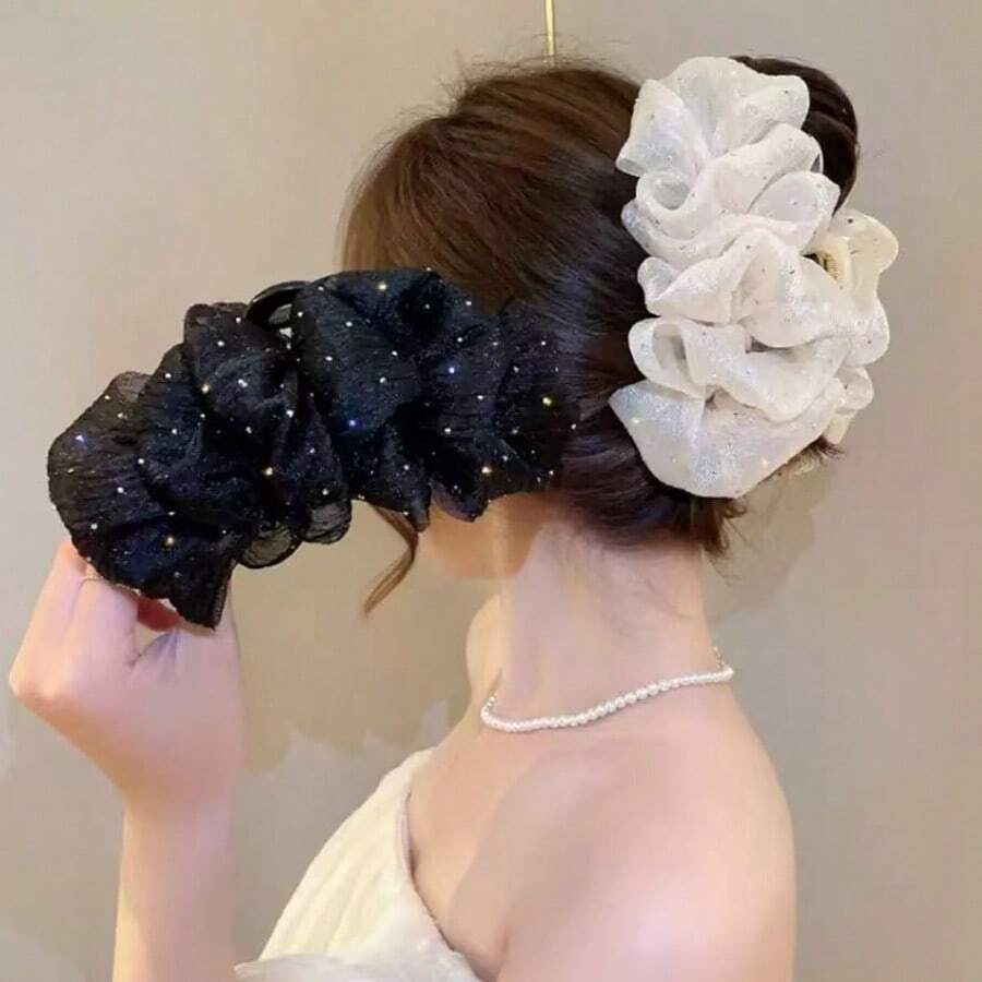 2/1pcs Women Solid Color Shiny Oversized Bubble Bow Hair Clip Elegant Fashion Claw Clip Suitable For Daily Use - Black + Rice - View 1