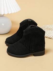 1 Pair New Fashionable Cute Ankle Boots For Infants And Toddlers, Fringed Side Zipper Faux Suede Western Cowboy Boots, Suitable For Parties, School, Outdoor - Black - View 4
