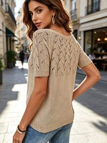 Women Solid Color Casual Minimalist Slim-Fit Crew Neck Short Sleeve Knit Sweater Spring - Apricot - View 6
