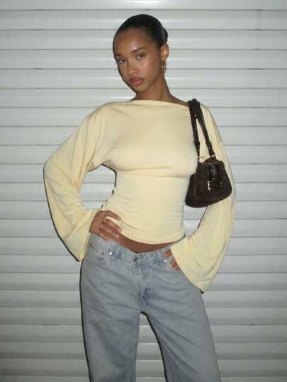 Women's Y2K Asymmetric Collar Long Sleeve Knit T-Shirt, High Elasticity Regular Fit Top, Autumn Essential Casual