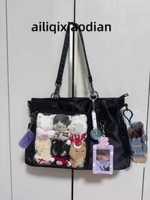 Japanese Style Anime Casual Nylon Daily Life Transparent Corn Doll Shoulder Bag, Large Capacity For Women, Suitable For Shopping, Commuting, Party, Comic Con, Gift - Black - View 6