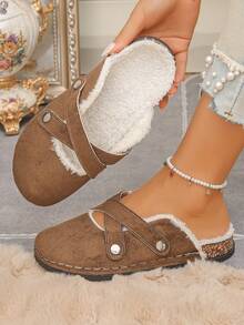 Women's Comfortable Soft Fur Lined Slip-On Closed Toe Mule Slippers With Cross Design, Casual Style, Autumn/Winter Daily Home Slippers, Chocolate Brown, Plus Size - Chocolate Brown - View 5