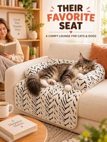 1pc Plush Pet Sofa Bed, Black & White Geometric Pattern With Raised Bolster Pillow, Scratch-Resistant Furniture Protector, Non-Slip Bottom, Suitable For Cats & Dogs Resting And Sleeping In Living Room, Halloween, Holiday, Essentials, Christmas, Halloween - Multicolor - View 3
