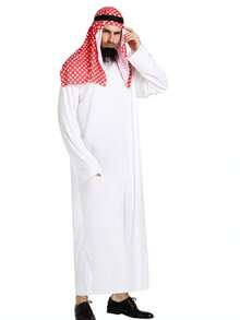 1 Set Halloween Cosplay Party Costume, Unisex, Pure White Loose Robe + Red Plaid Headscarf + Fake Beard, Suitable For Halloween And Performance - White - View 1