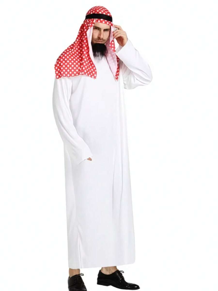 1 Set Halloween Cosplay Party Costume, Unisex, Pure White Loose Robe + Red Plaid Headscarf + Fake Beard, Suitable For Halloween And Performance - White - View 1
