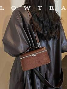 low tea 1pc Box-Shaped Suede Fabric Handbag With Adjustable Shoulder Strap, Suitable For Commuting, Shopping And More - Coffee - View 13
