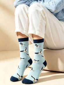 5 Pairs Cute Animal Print Mid-Calf Socks, Dachshund, Flamingo, Seal, Kitten, Seagull Fun Pattern Long Socks, Contrast Color Cuff Design, Unisex Casual Socks, Autumn/Winter Daily & Party Wear Accessory, Creative Thanksgiving, Christmas Gift Idea - Multicolor - View 3