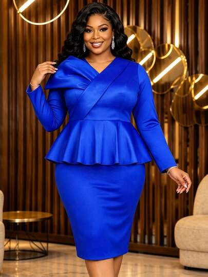 Abito elegante taglie forti in raso blu reale aderente con peplo, maniche lunghe, scollo a V, decorazione con grande fiocco, adatto per chiesa, feste formali, matrimonio, outfit autunnale