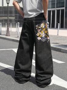 LIYS Men's Baggy Wide Leg Jeans Vintage Black Denim With Colorful Floral Embroidery - Black - View 4