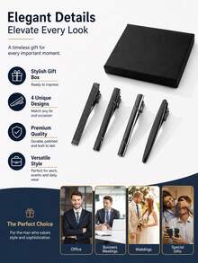 4 Pcs Classic Black Tie Clips Set For Men Metal Alloy Necktie Bar Clips Business Wedding Party Formal Shirt Suit Accessories Gifts - Gunmetal Black - View 7