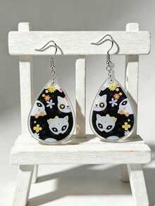 1 Pair Cute Water Drop Shaped Candy Skull Cat Floral 2D Flat Acrylic Pendant Earrings, Women's Halloween Party Decoration, No Packaging Box - Earring - View 1