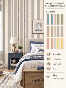 SUPSTICKER 1PC Vintage Stripe Half Wall Sticker Peel And Stick Removable DIY PVC Wall Decor For Living Room Bedroom Home Interior - 1PC - View 1