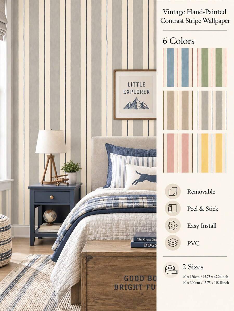 SUPSTICKER 1PC Vintage Stripe Half Wall Sticker Peel And Stick Removable DIY PVC Wall Decor For Living Room Bedroom Home Interior - 1PC - View 1