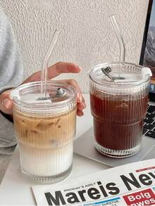 Transparent Glass Cup Striped Coffee Cup With Straw And Lid Simple Style Coffee Cups Large Capacity Glass Water Bottle Portable Outdoor Water Cup For Home Office Parties Autumn Winter Drinkware Home Decor - Multicolor - View 10