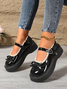 Women's Bow Contrast Color Mary Jane Platform Shoes, Thick Wedge Sole, Cute Preppy Style, Sweet Cool Retro Buckle Strap, Comfortable For Commuting And Daily Wear - Black - View 3
