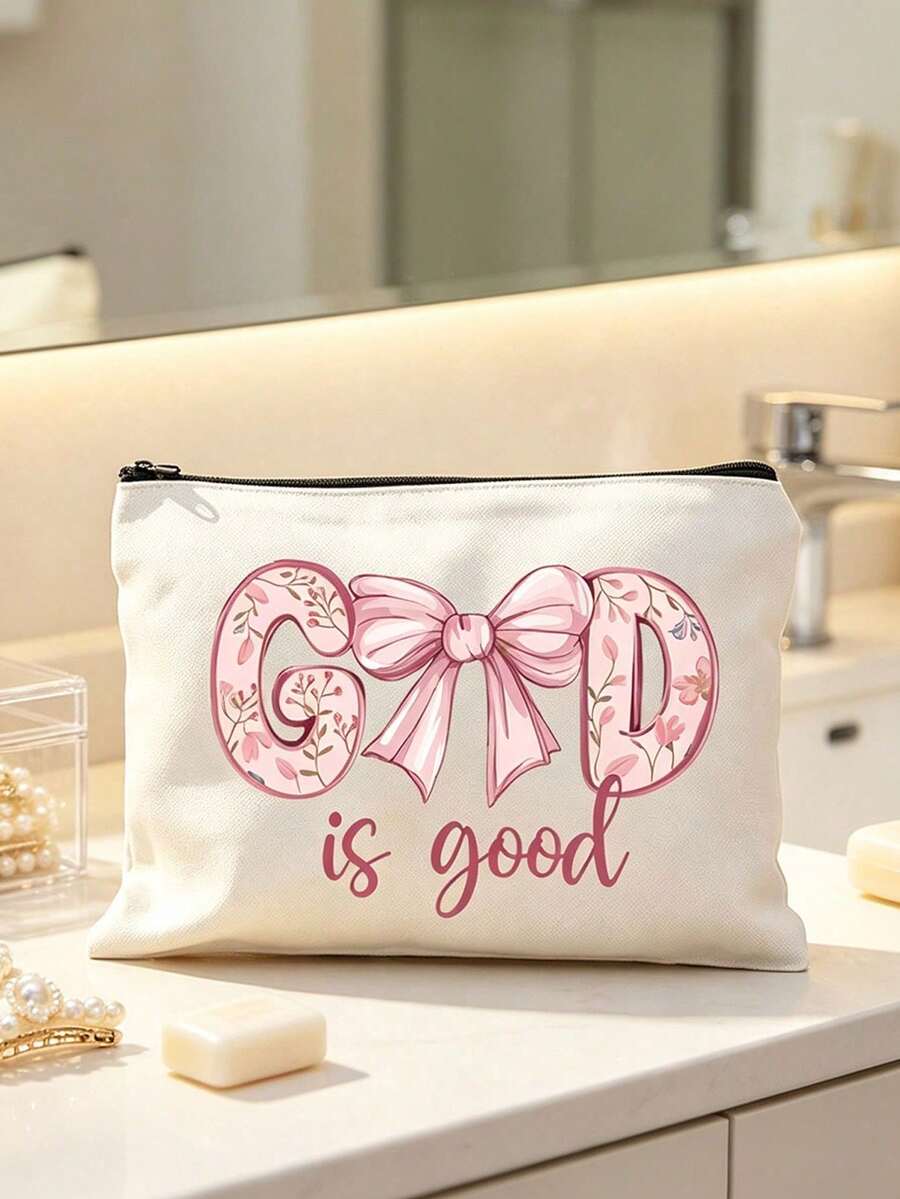 化妝包 God Is Good Coquette 蝴蝶結花卉印花化妝收納袋,帆布拉鍊盥洗用品袋,便攜旅行收納袋,女性節日派對日常使用禮物 - 彩色 - 查看 1