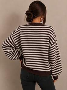 Women's Autumn/Winter Valentine's Day Cute Casual Brown & White Colorblock Striped Pattern Loose Crew Neck Long Sleeve Sweater, Basic Sweater, Business Casual Women's Wear, Autumn Tops, Autumn Sweaters, Women's Winter Clothing, Women's Autumn/Winter Apparel - Multicolor - View 8