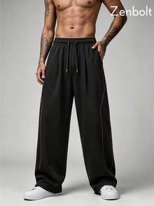 ZenBolt Dark Tone Colorblock Drawstring Casual Pants, Loose Fit High Street Men's Wear - Black - View 4