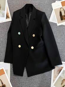 Spring/Summer Women's Solid Color Long Sleeve Double-Breasted Blazer, Notched Collar | Black - Black - View 2