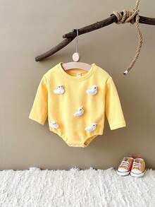 Newborn Baby Cute Duck Graphic Soft Long Sleeve Bodysuit, Spring Autumn - Yellow - View 8