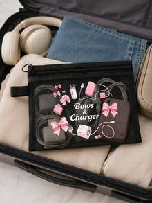 網格拉鍊收納包，附「Charger」蝴蝶結圖案，多功能便攜收納袋，數位配件收納袋，化妝包，保養品收納袋，旅行盥洗用品收納袋，宿舍用品，婚禮新娘禮物，生日禮物，朋友與老師禮物，浴室收納，珠寶收納，口紅化妝品收納袋，度假旅行必需品，戶外露營必需品 - 彩色 - 查看 5