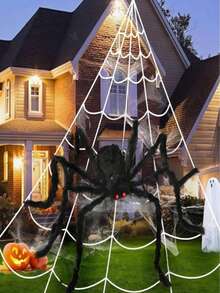 1 Set Giant Halloween Spider Web, Triangular Spider Web (Includes Ground Stakes), Realistic Large Spider, Suitable For Yard Lawn Party Haunted House Decoration, Halloween Theme Party Backdrop Decor - A - View 1