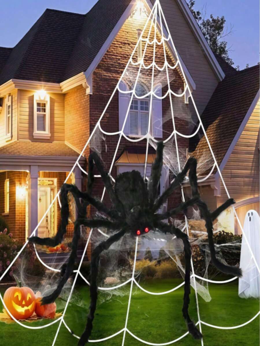 1 Set Jaring Laba-Laba Raksasa Halloween, Jaring Laba-Laba Segitiga (Termasuk Pasak Tanah), Laba-Laba Besar Realistis, Cocok untuk Dekorasi Halaman Rumput Pesta Rumah Hantu, Dekorasi Latar Belakang Pesta Tema Halloween - A - View 1