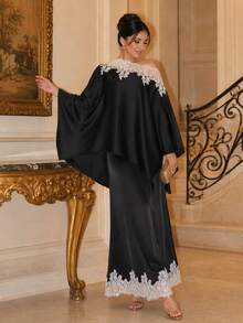 Lace Satin Black Cape Top And Skirts Set For Women Fall Winter Holiday Essentials Halloween Christmas - Black - View 5