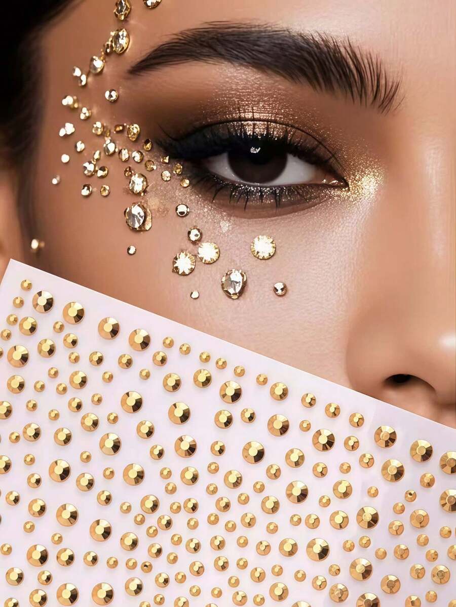 2pcs Gold Face Glitter Body Shiny 3D Rhinestone Stickers, Rave Party Makeup Accessories Rhinestone Stickers, Y2K Style Music Festival DIY Eye & Face Gems, Valentine's Day Gift - Multicolor - View 1